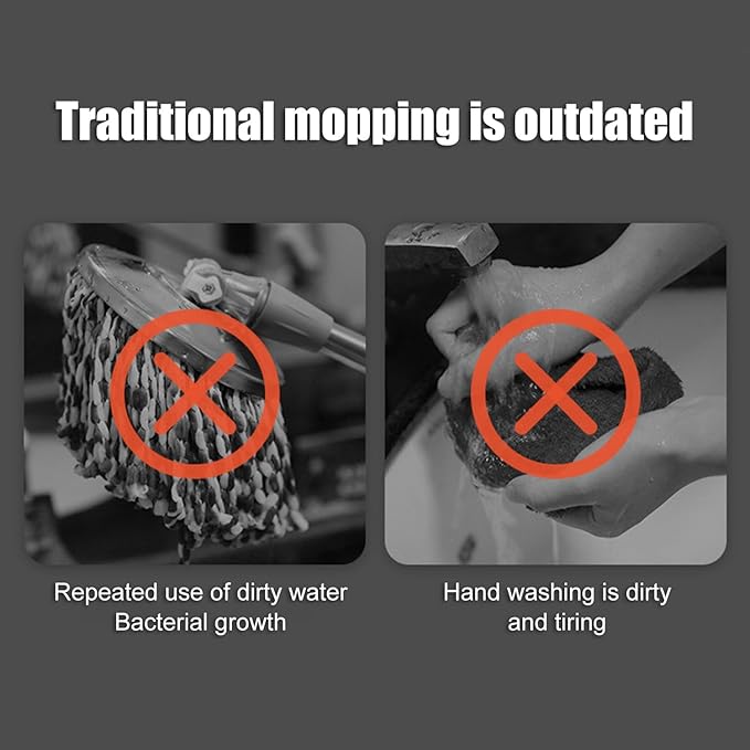 Spin Mop and Bucket Set with Self Separation System 360° Spinning Self-Wringing, Square Clean Mop and Bucket with Wringer-with Replaceable Mop (Light Grey Mop and Bucket Set 6pads)