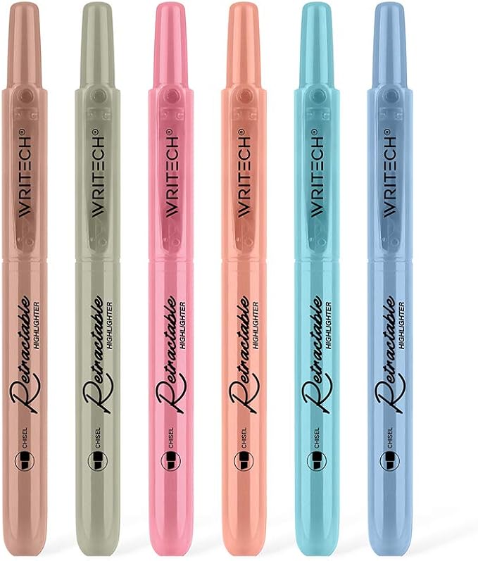 WRITECH Retractable Highlighters Assorted Colors: Chisel Tip Click Aesthetic Highlighter Marker Pens Pack Multi Colored Ink No Bleed Smear for Highlighting Journaling (6ct Vintage)