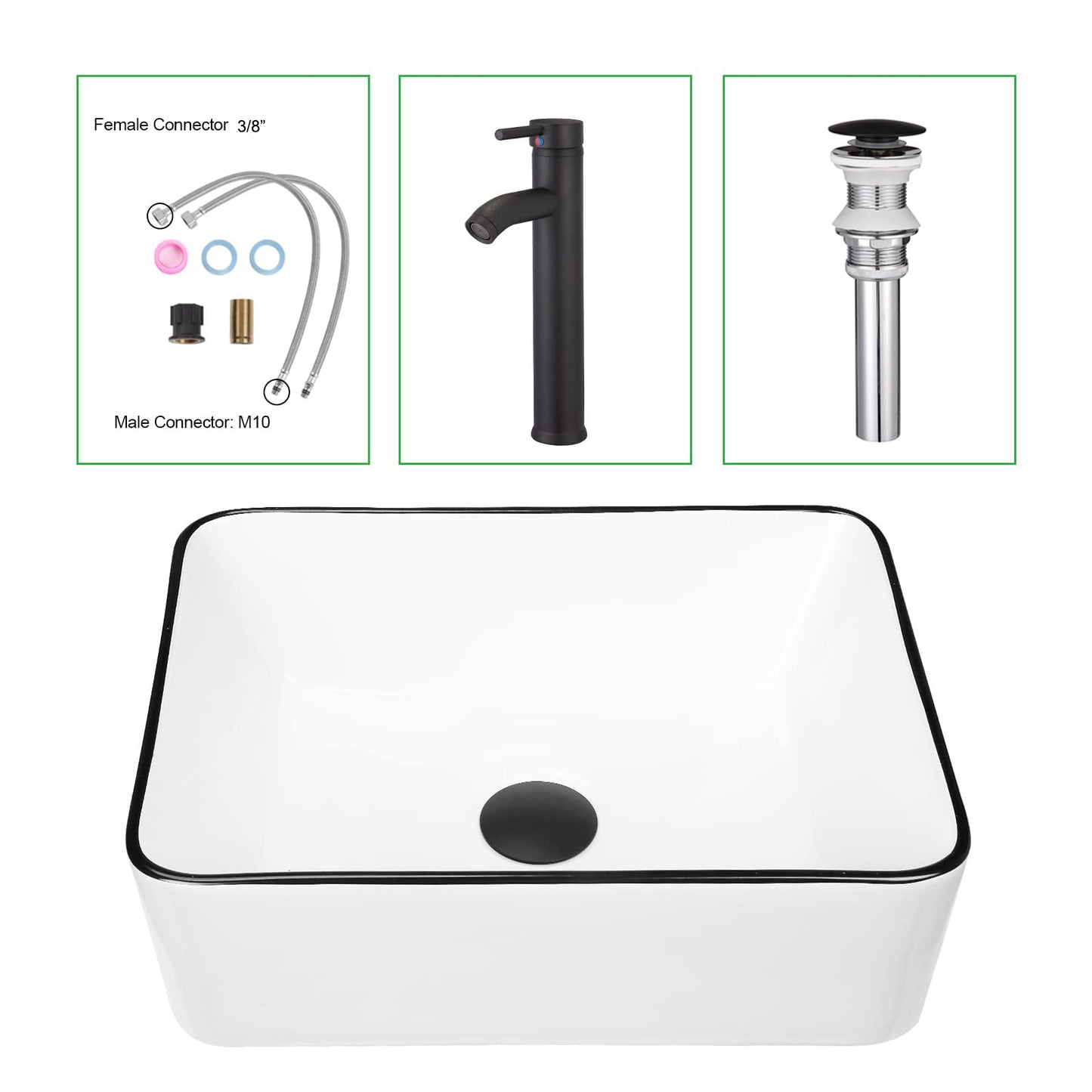 Modern 16" x 12" Rectangle Vessel Sink with Faucet, White Porcelain Above-Counter Bathroom Basin with Black Edge, Stylish Vanity Countertop Sink for Powder Room & Small Spaces