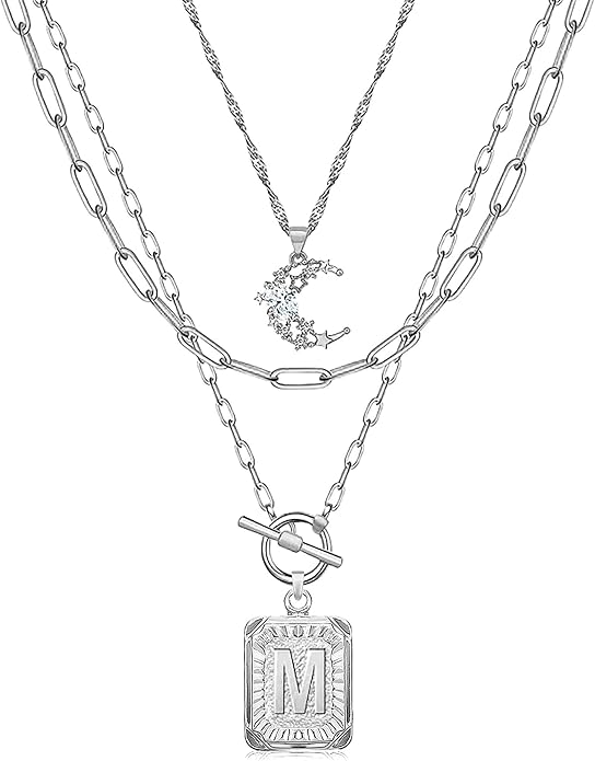 MJartoria Layered Initial Necklaces for Women Trendy, 14K Gold Plated Brass Simple Moon Choker Square Letter Pendant Necklace, Paperclip Chain Necklaces Jewelry Gifts