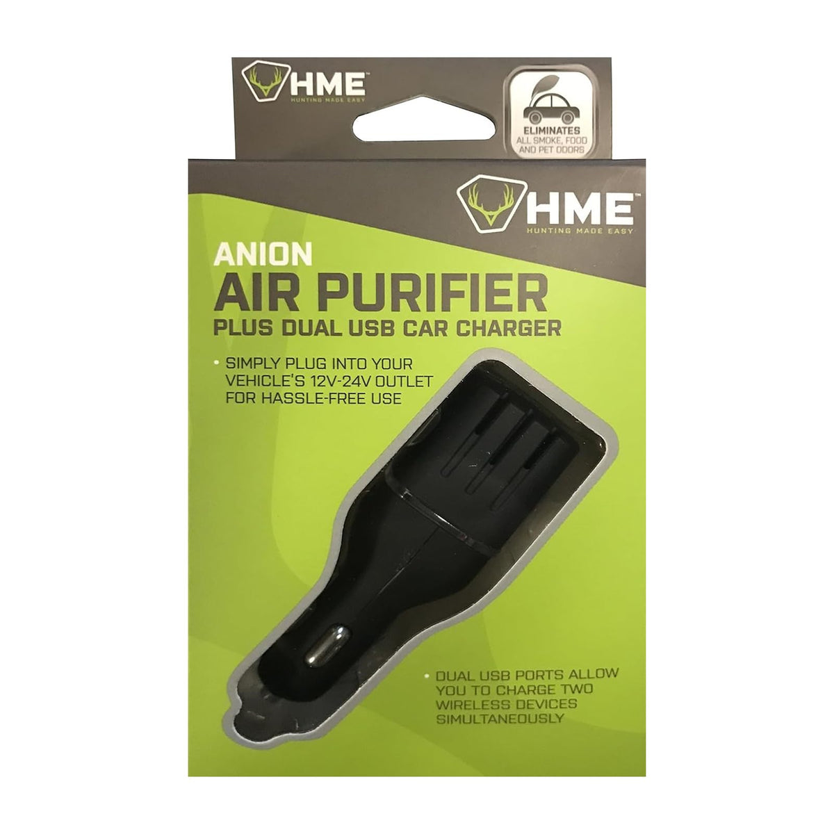 HME Scent Slammer Car Air Purifier with Dual USB Ports | Effective Compact Portable DC Vehicle Dual Ozone Air Cleaner from Smell, Dust & Smoke