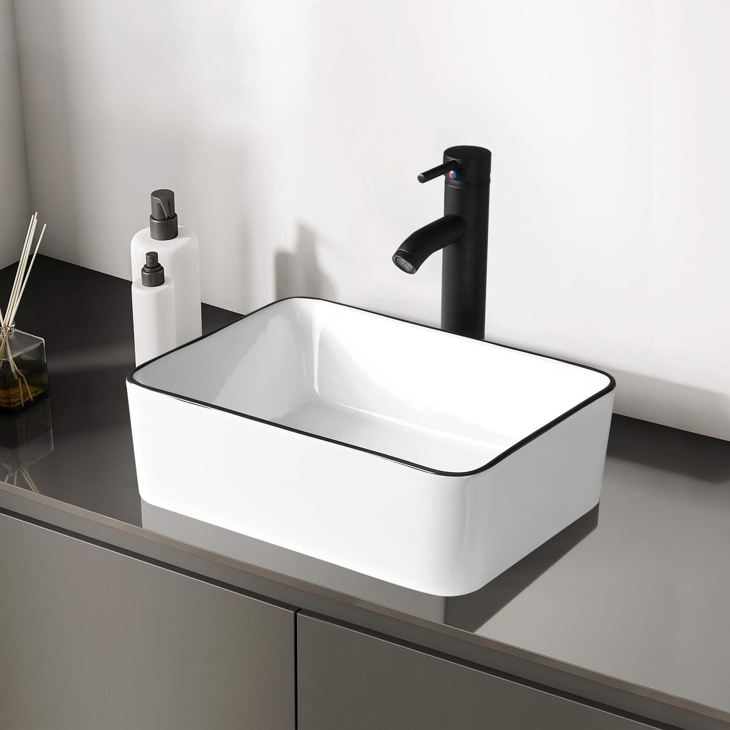 Modern 16" x 12" Rectangle Vessel Sink with Faucet, White Porcelain Above-Counter Bathroom Basin with Black Edge, Stylish Vanity Countertop Sink for Powder Room & Small Spaces