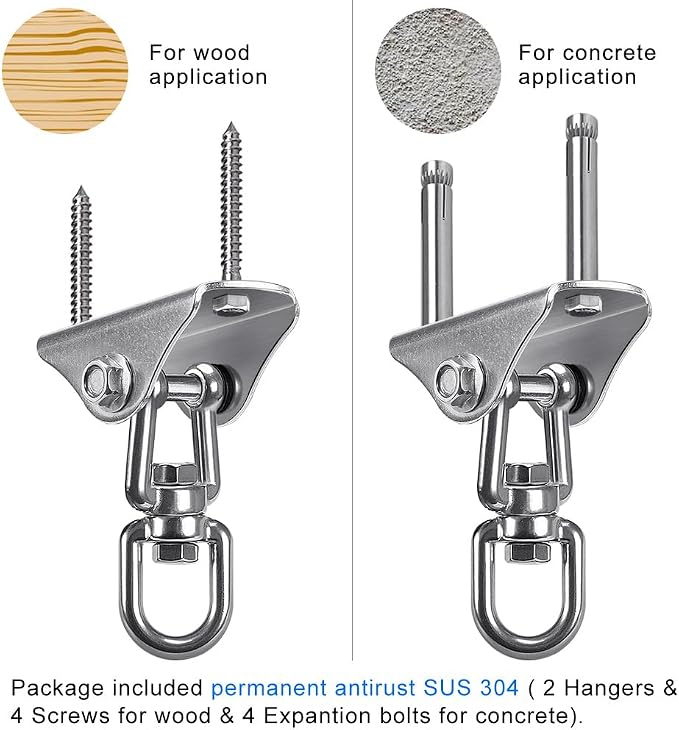 SELEWARE Stainless Steel Swing Hangers Heavy Duty Ceiling Swing Mounts Free Swivel Swing Hooks Swing Hardware Kits for Yoga Swing Hammock Chair Porch Swing Sets Heavy Bag 1000 LB Capacity Each 2 Pack