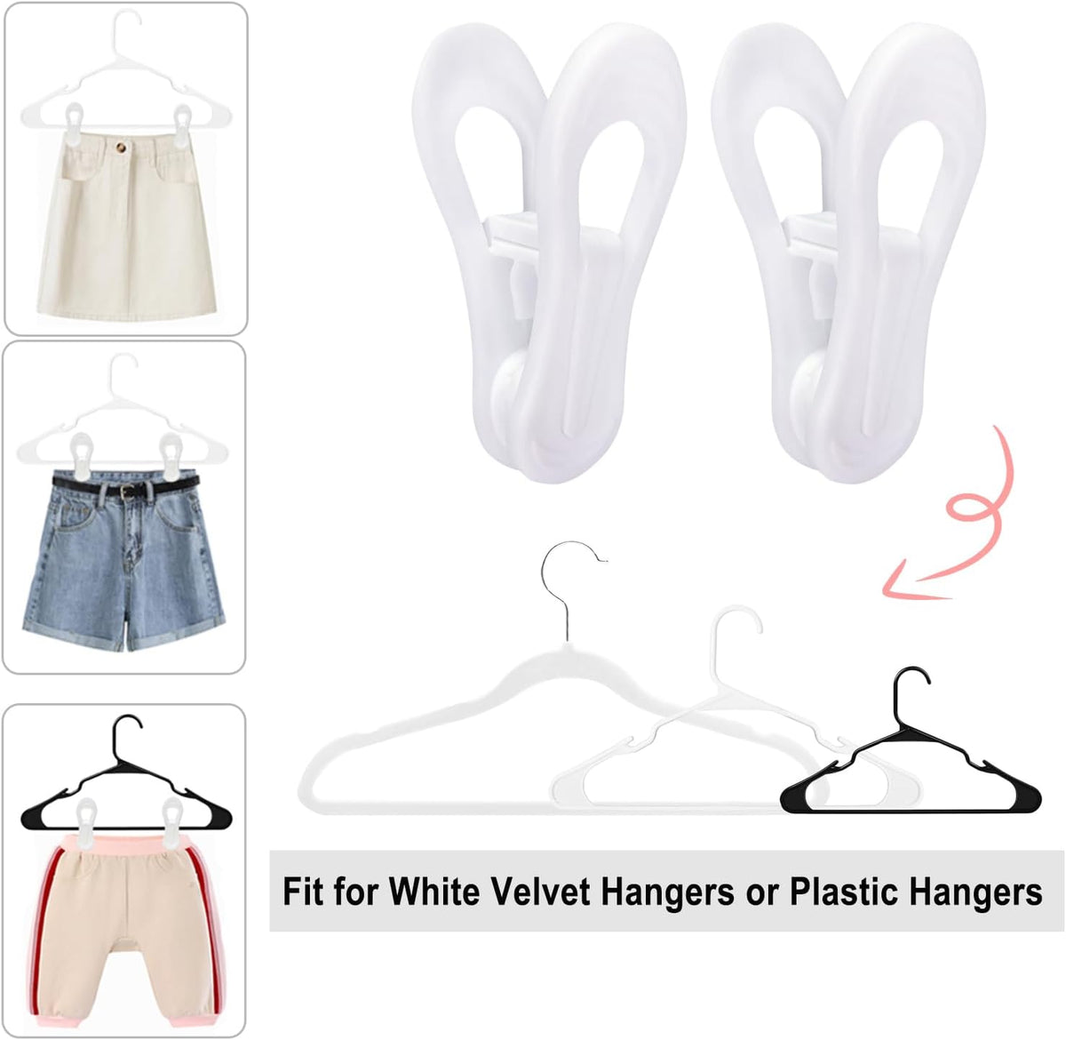 White Hanger Clips 60 Pack, Multi-Purpose Plastic Hangers Clips Perfect for Plastic Velvet Hangers, Clothes Pins Finger Clip for Skirt Pants