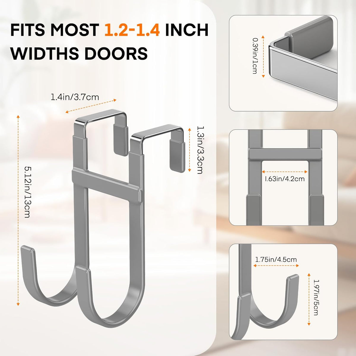 FYY Over The Door Hooks - 4 Pack Heavy Duty Dual-Hook Organizer Hanger with Non-Slip Rubber for Towels, Clothes, Hats & Bags Use in Bathroom, Bedroom, Kitchen - Fits Interior Doors Up to 1 3/8" Grey