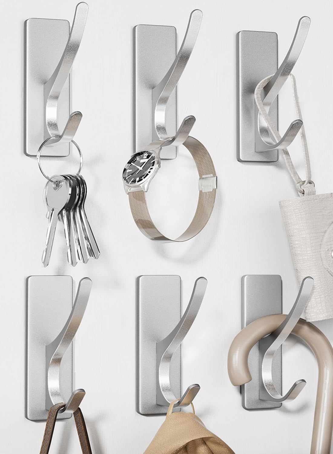 Stick on Hooks for Hanging, Extra Sticky 6KG (Max), Coat Hook on Door for Towel Coat Hat Key, Self Adhesive Hangers Wall Mounted, Silver, 6 Pack
