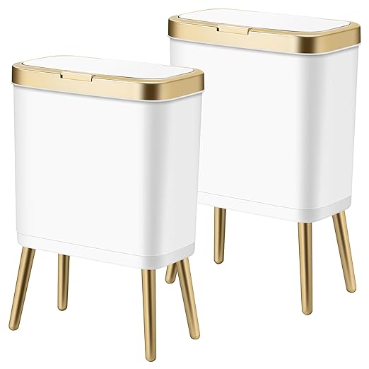 Procade 2Pack White Trash Can with Lid, Bathroom Trash Can with Gold Edge, Narrow Modern Garbage Can for Bedroom, Slim Plastic Trash Bin for Room,Kitchen, Living Room, Office,4 Gallon