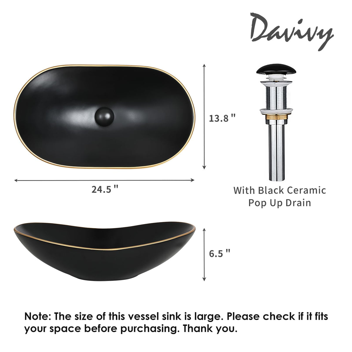 Davivy 24.5'' X 13.8'' Large Matte Black Oval Vessel Sink with Pop Up Drain,Bathroom Sinks Above Counter,Black Vessel Sink with Gold Trim,Ceramic Vessel Sinks for Bathrooms (Large)