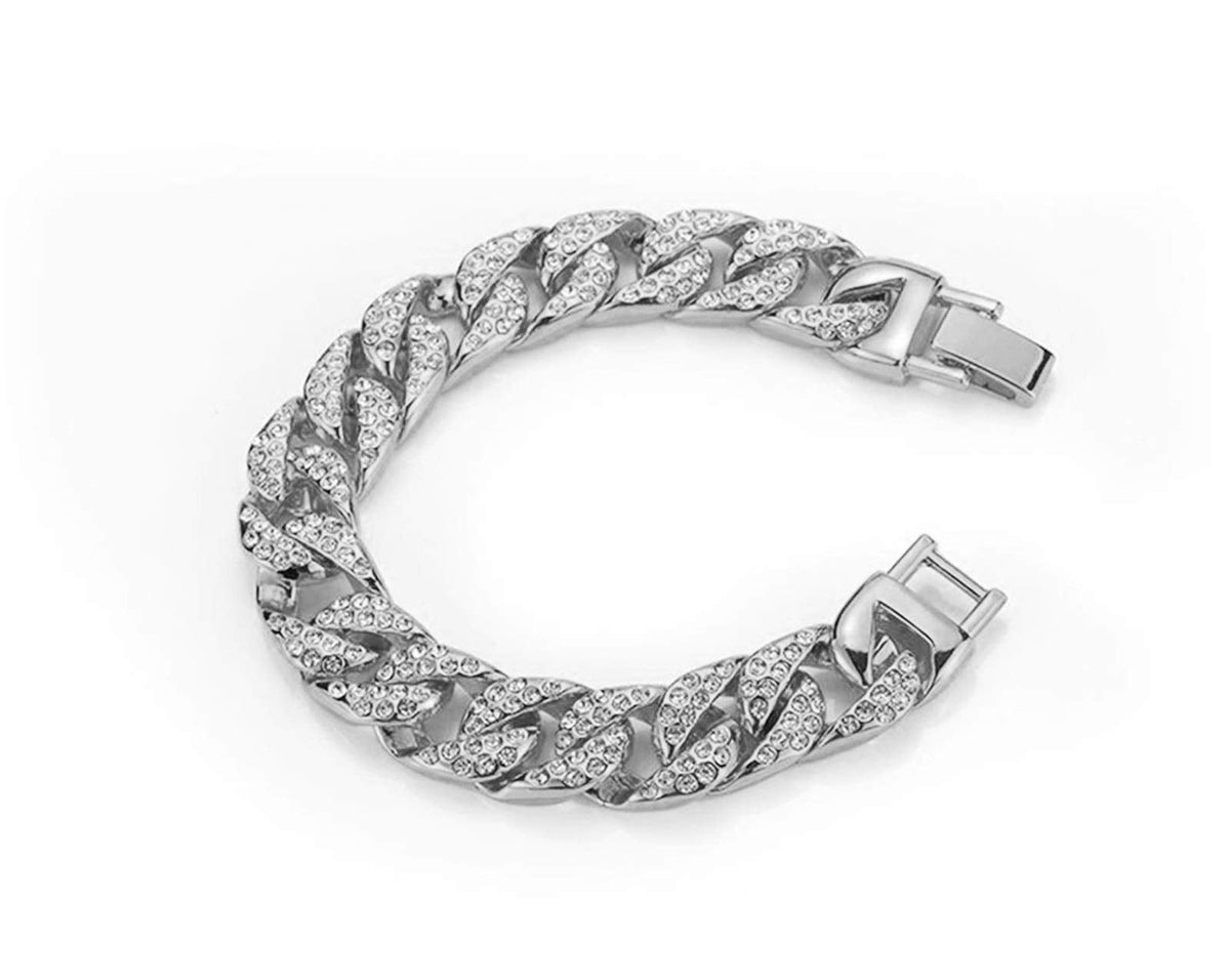 Aiyo Nice Mens Womens Cuban Link Bracelet Hip Hop Bracelet Stainless Steel Chain Bracelet Iced Out Curb Cuban 18k Gold Plated Bracelet With Clear Rhinestones (A-Silver)