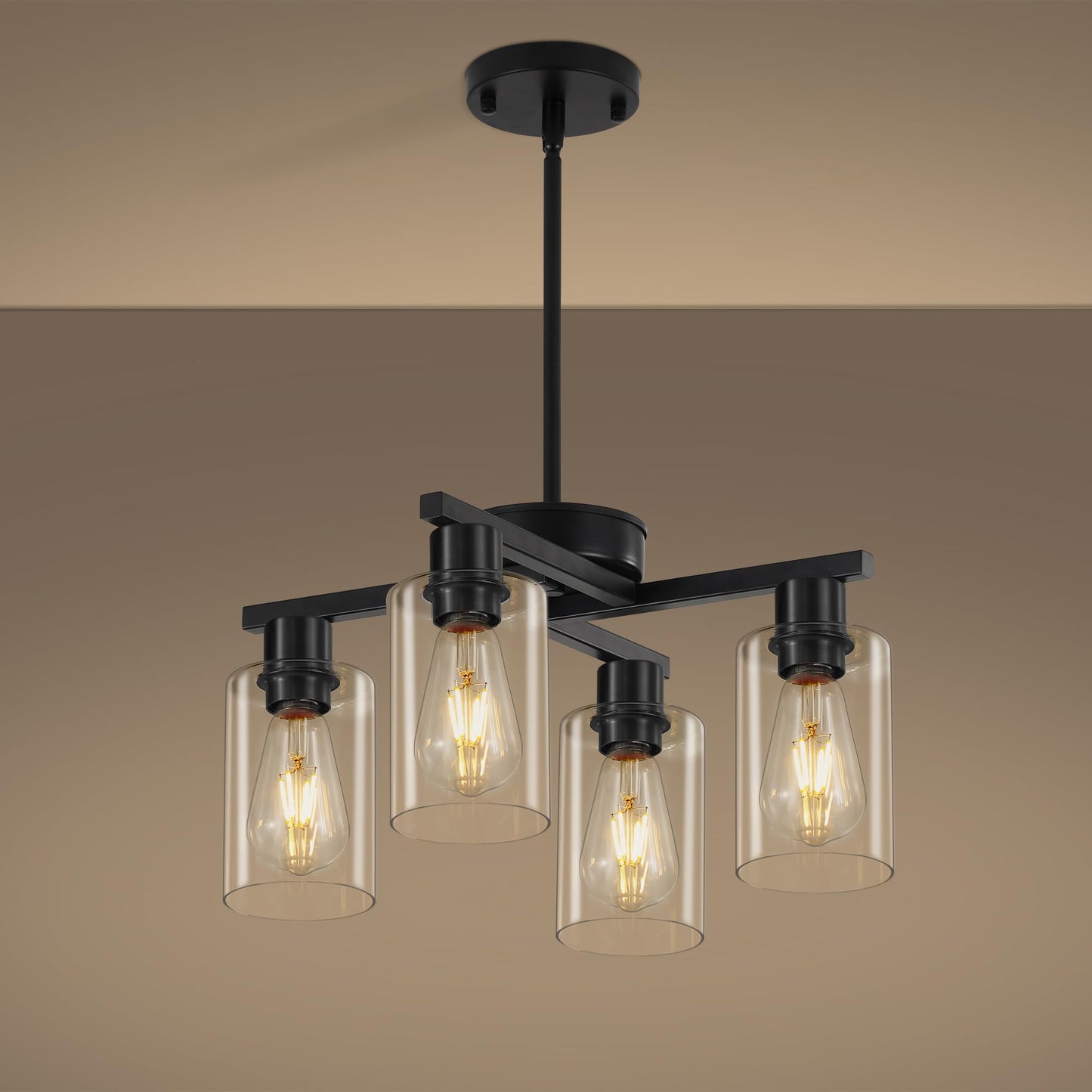 Xeruyiwa 4-Light Black Modern Farmhouse Chandelier, Adjustable Height Pendant Lighting for Kitchen Island & Dining Room, Industrial Hanging Fixture with Clear Glass Shade for Entryway Foyer Bedroom