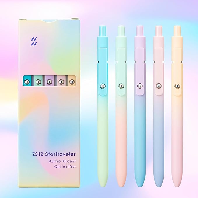 5PCS Retractable Gel Pens Set, Quick Dry Black Ink Fine Point Soft Touch Roller Ball Gel Ink Pen for Smooth Writing (Aurora Color)
