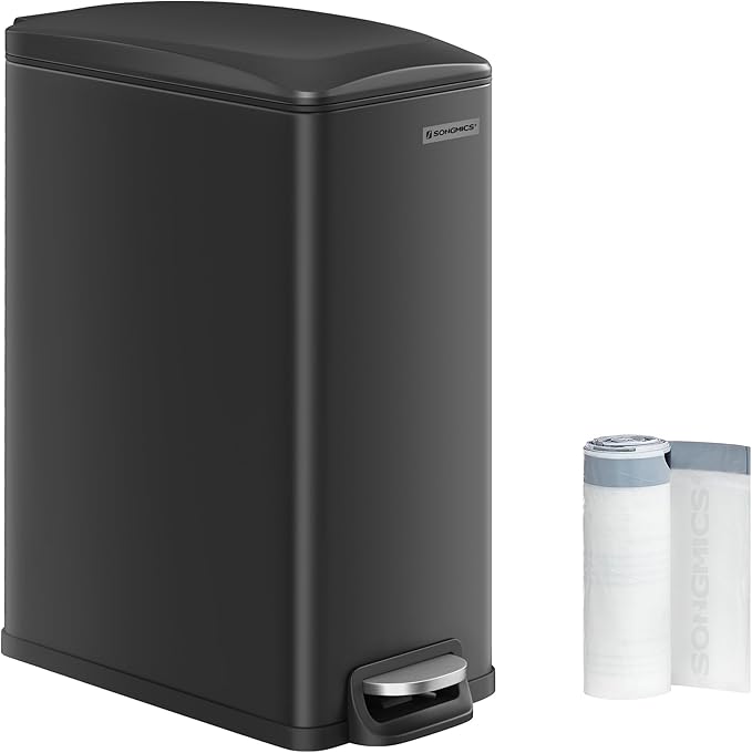SONGMICS Slim Trash Can, 13-Gallon (50 L) Garbage Can for Narrow Spaces with Soft-Close Lid, Inner Bucket, and Step-on Pedal, Stainless Steel, 15 Trash Bags Included, Black ULTB510B48