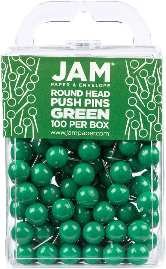 JAM PAPER Colorful Push Pins - Round Head Map Thumb Tacks - Green Pushpins - 100/Pack