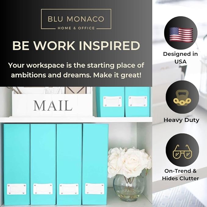 BLU MONACO Set of 6 Foldable Aqua Magazine File Holders with White Leather Label Holders – Cute Book Organizers for Desk, Classroom, Shelves, and Home Office