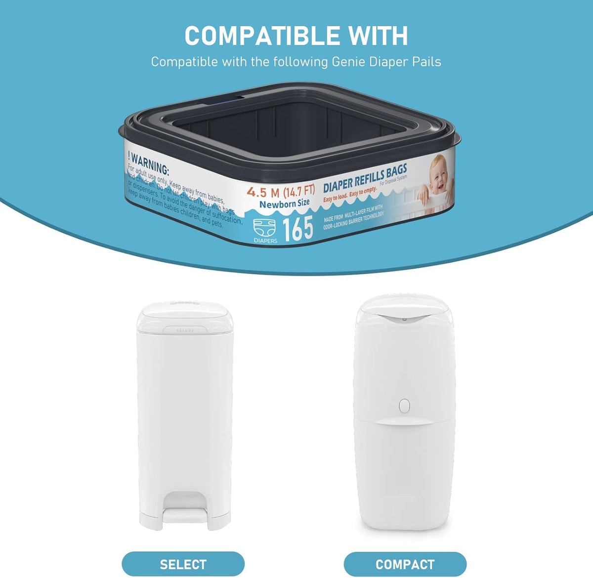 Square Starter Refills Disposal Bags Refill Compatible with Diaper Genie Compact and Select Pails (Not Fit Classic Version Pails), Hold Up to 165 Newborn-Sized Diapers Per Refill, 6 Pack