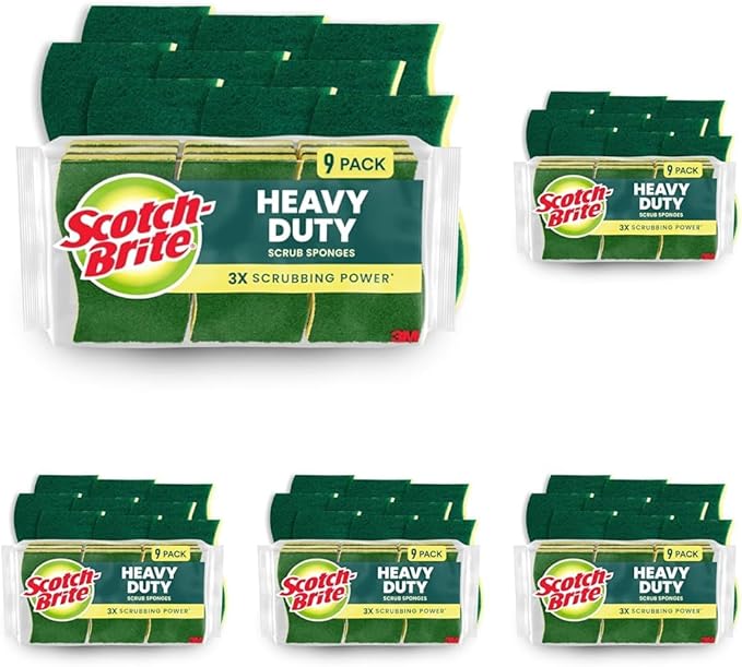 Scotch-Brite Heavy Duty Scrub Sponge, 9 Kitchen Sponges for Tough Messes, Lasts 3X Longer, Best for Cast Iron Skillets & Outdoor Grills, Flexible, Durable & Strong (Pack of 5)