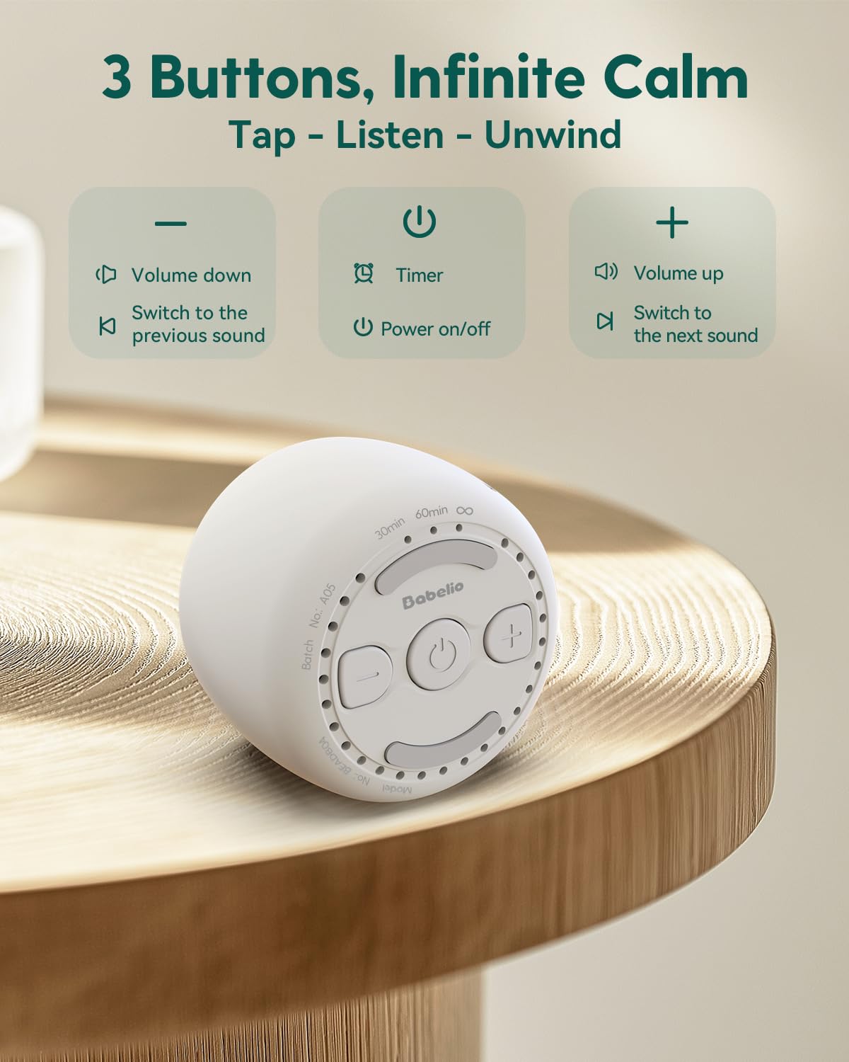 Babelio White Noise Sound Machine for Adults Kids Baby, Travel Sound Machine for Sleep, Mini and Portable, 15 Non-looping Sounds, Timer, Memory Function, Easy to Pocket and Travel White