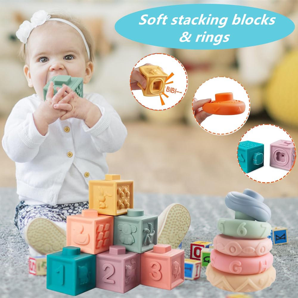 ELLECK Baby Toys 6-12 Months, Montessori Toys for Toddlers 1-3 Year Old, Busy Cube Teether Infants Bath 6 in 1 Stacking Blocks Rings, Suction Cup Spinner, Shape Bin Sensory (0035)
