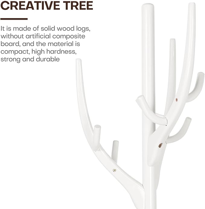 Coat Rack Freestanding, Wooden Coat Rack Stand with 16.5" Round Base, Tree Branch-look, 72" Coat Tree Standing Heavy Duty Clothes Hanger with 12 Hooks for Corner Entryway, White