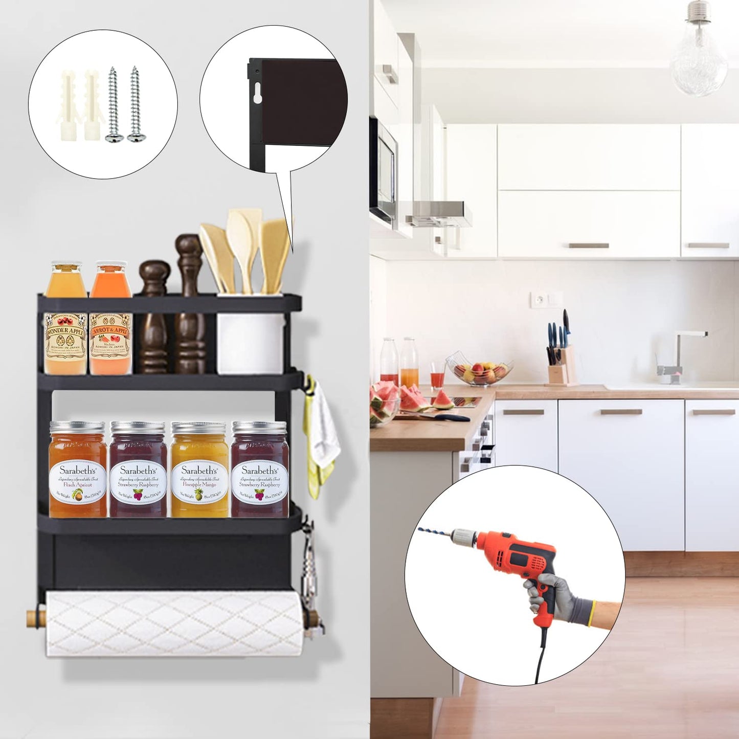 Dr.BeTree Magnetic Spice Rack for Refrigerator Magnetic Paper Towel Holder for Fridge Magnetic Shelf Magnetic Shelves Fridge Magnet Organizer Spice Rack Kitchen Organization Kitchen Storage Black