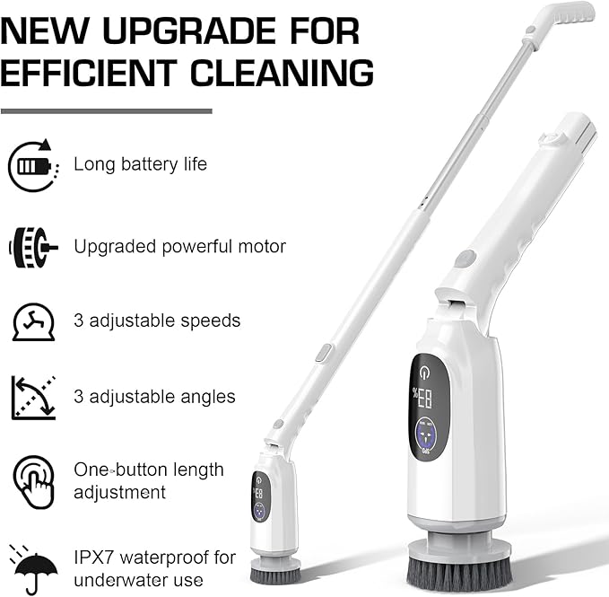 Shower Scrubber, Electric Spin Scrubber with 2025 New Upgraded Motor, User-Friendly Design, 3 Adjustable Angles & Speeds, 8 Brush Heads for Cleaning Bathroom, Cleaning Supplies for Tire, Windshield