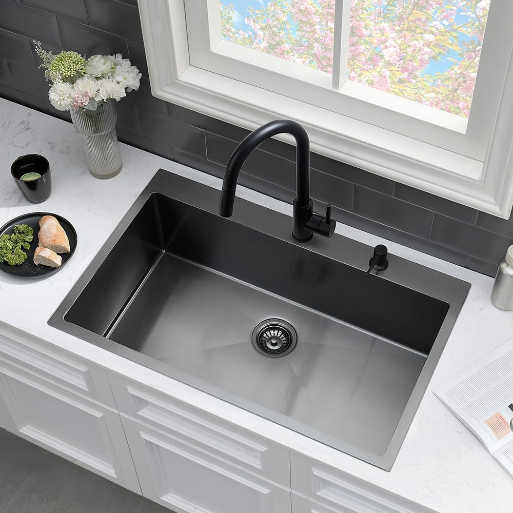 33 Black Kitchen Sink with Faucet Combo-VASOYO 33 x 22 Drop In Kitchen Sink Top Mount Black Stainless Steel Deep Single Bowl Over Mount Sinks with Faucet Combo Set
