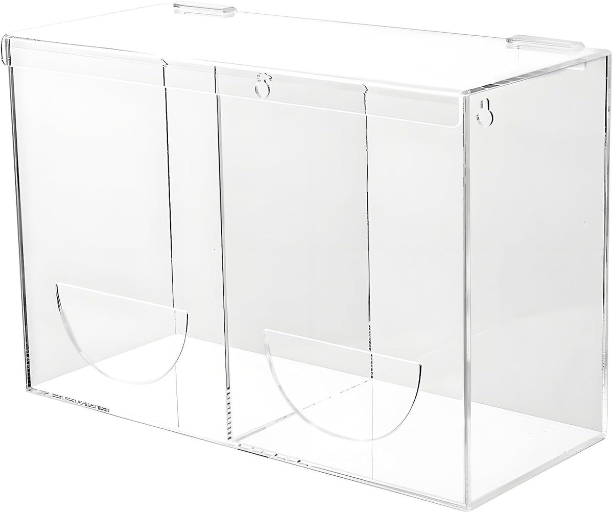 Glove Dispenser Wall Mount - Double Acrylic Hygiene Dispenser Station Holder for Disposable Latex Gloves, Hairnets, Ear Plugs, Laundry Pods, Dishwasher Pods, Dryer Balls, Clear