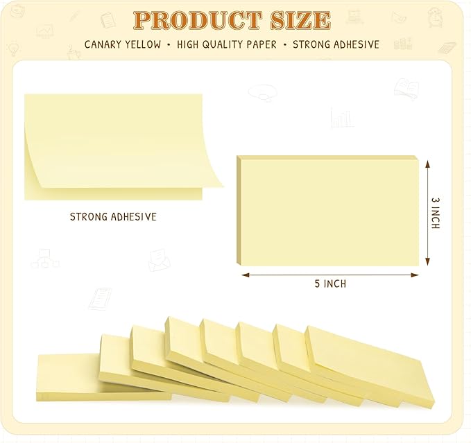 (16 Pack) Large Sticky Notes 3x5 in Yellow, 1600 Pcs Self-Stick Pads, Clean Removal, 100 Sheets/Pad Super Adhesive Sticky Pads Recyclable for Notebook, Meeting, Office, Shool, Home