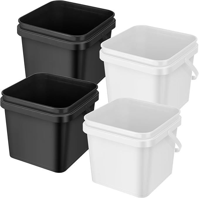 Mifoci 4 Pcs Plastic Bucket 5 Quart Square Cleaning Bucket Utility Small Pail with Handle for House Cleaning Storage Livestock Feeding Car Washing (White,Black)