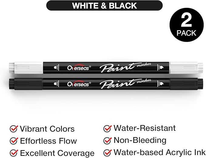 Overseas White and Black Acrylic Paint Markers, 2 Dual Tip Paint Pens Acrylic Markers with Dot and Brush Tip, Coloring Marker for Wood, Rock, Canvas, Glass, Metal, Plastic, Fabric, School Supplies