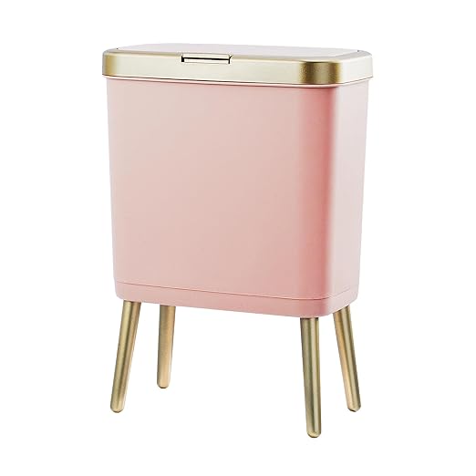 Procade Bathroom Trash Can with Lid, 4 Gallon Pink Garbage Can, Tall Plastic Trash Bin with Push Button, Slim Gold Trash Can Waste Basket for Room, Bedroom,Office,Kitchen