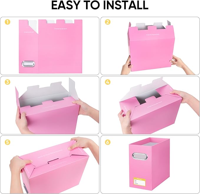 BALEINE File Organizer Box, Cardboard File Folder Organizer with Handle for Letter Size, Portable Collapsible Hanging Filing Box for Home Office Document Storage (2 Pack, Pink)