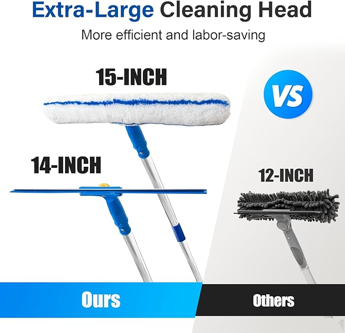 Squeegee for Window Cleaning, 14" Extra-Large Squeegee & Microfiber Scrubber Combi with 60" Stainless Steel Pole, Window Cleaning Kit for Shower Glass Mirror Door Car-2 Pads