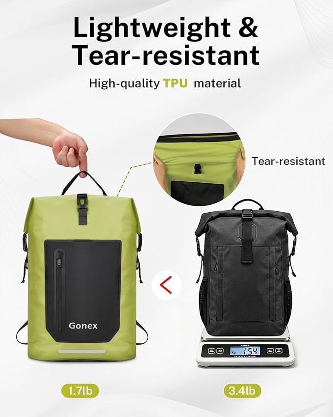 Gonex Ultralight Waterproof TPU Backpack, 35L Roll Top Dry Bag with Comfortable Padded Back Panel for Kayaking Boating Camping Fishing Travel,Green