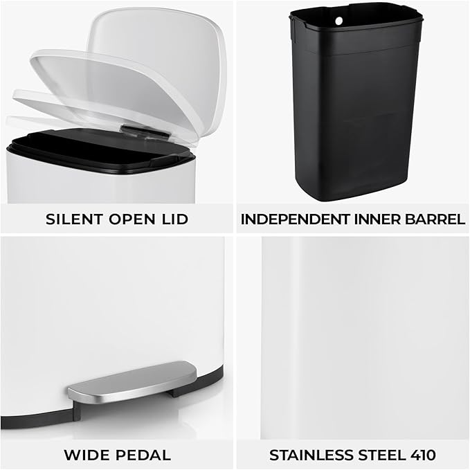 8 Gal Kitchen Trash Can, 30L Recycling or Garbage Bin, Brushed Stainless Steel Waste Basket, Soft&Quiet Close Dustbin, with Step-On Pedal, Removable Inner Bucket, for Home, Office, LIving Room