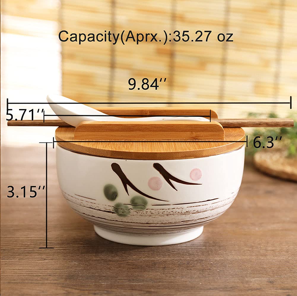 WHJY White Ceramic Bowl with Lid, Spoon, Chopsticks for Soup, Rice, Noodles. Japanese Traditional Style Tableware.