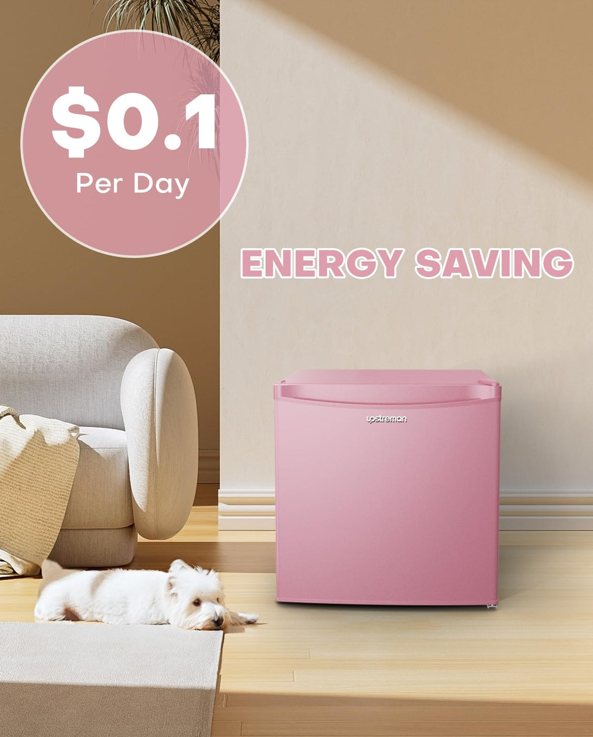 Upstreman 1.7 Cu.ft Mini Fridge with Freezer, Dorm Essentials, Adjustable Thermostat, Energy Saving, Low Noise, Single Door Compact Refrigerator for Dorm, Office, Bedroom, Pink-FR17