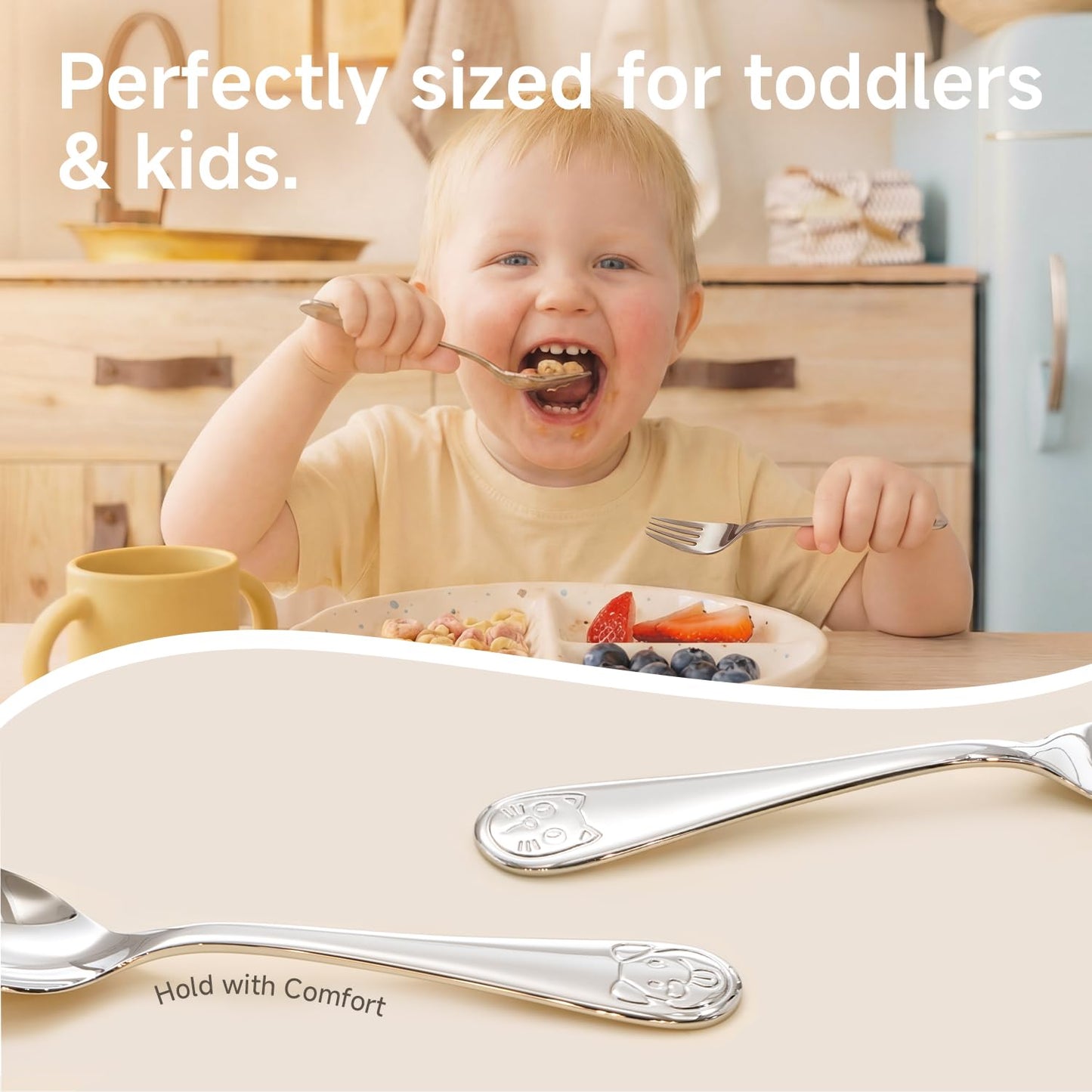 KINGSTONE 2-Piece Toddler Utensils Set, Small Fork & Spoon with Storage Case, 18/10 Stainless Steel, Cat & Dog Print, Lightweight, Ergonomic for Self-Feeding, Travel & Portable Baby Flatware