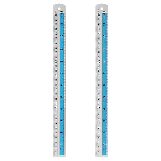 HARFINGTON 2pcs Metal Straight Ruler 30cm Metric SAE Aluminum Alloy Measuring Rulers Scale Tools with Hole for Measure Study Reading Classroom Office, Blue