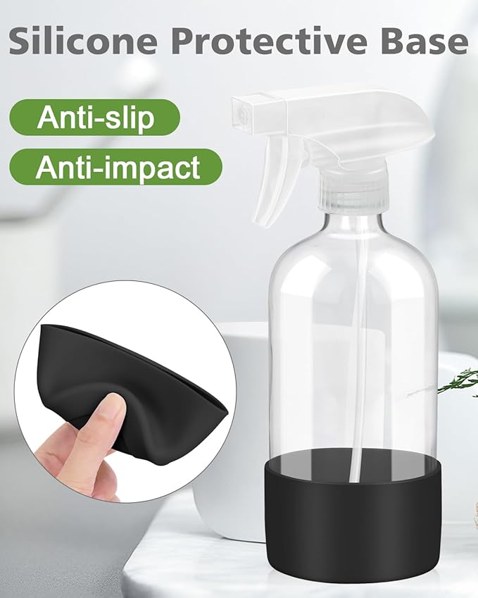 Glass Spray Bottles with Silicone Sleeve Protection, Empty 16OZ Reusable Spray Bottles, Refillable Containers with Spray Nozzles for Cleaning Solutions, Plants and Essential Oils 1 Pack Black