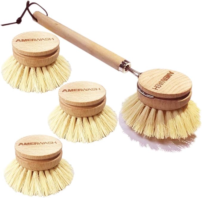 Dish Brush with Wooden Handle, Natural Kitchen Brush for Dishes Vegetable, Pots and Pans, Tampico Fiber Bristles Scrubber, Extra 3 Pack Replacement Head Included