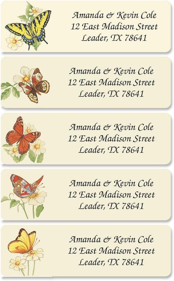Butterflies Rolled Personalized Return Address Mailing Labels with Dispenser, Set of 250, 5 Designs, Small ¾ x 2½ Inch Size, Custom Self-Adhesive Sticker Roll, by Colorful Images