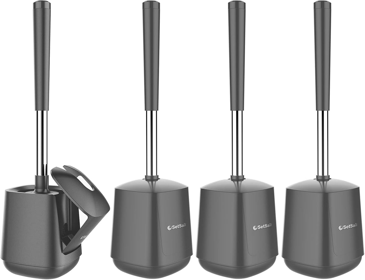 SetSail Toilet Brush and Holder 4 Pack, Self Closing Lid Toilet Bowl Brushes Holder Extra Long Handle Ventilated Toilet Brush Set for Bathroom Cleaning, Nylon Bristles, Grey