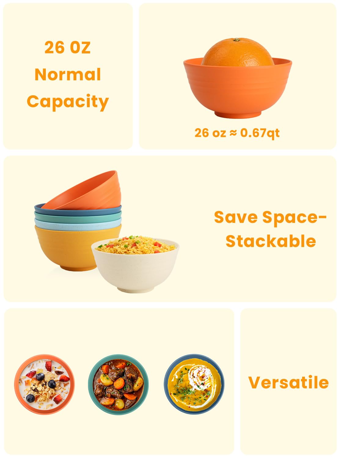 Homienly Wheat Starw Cereal Bowls, Unbreakable Bowl Set 6 PCS, Microwave and Dishwasher Safe Bowls, Alternative to Plastic Bowl Reusable, Bowl Set for Kitchen, Picnic, Camping, Party (26 OZ, Colorful)