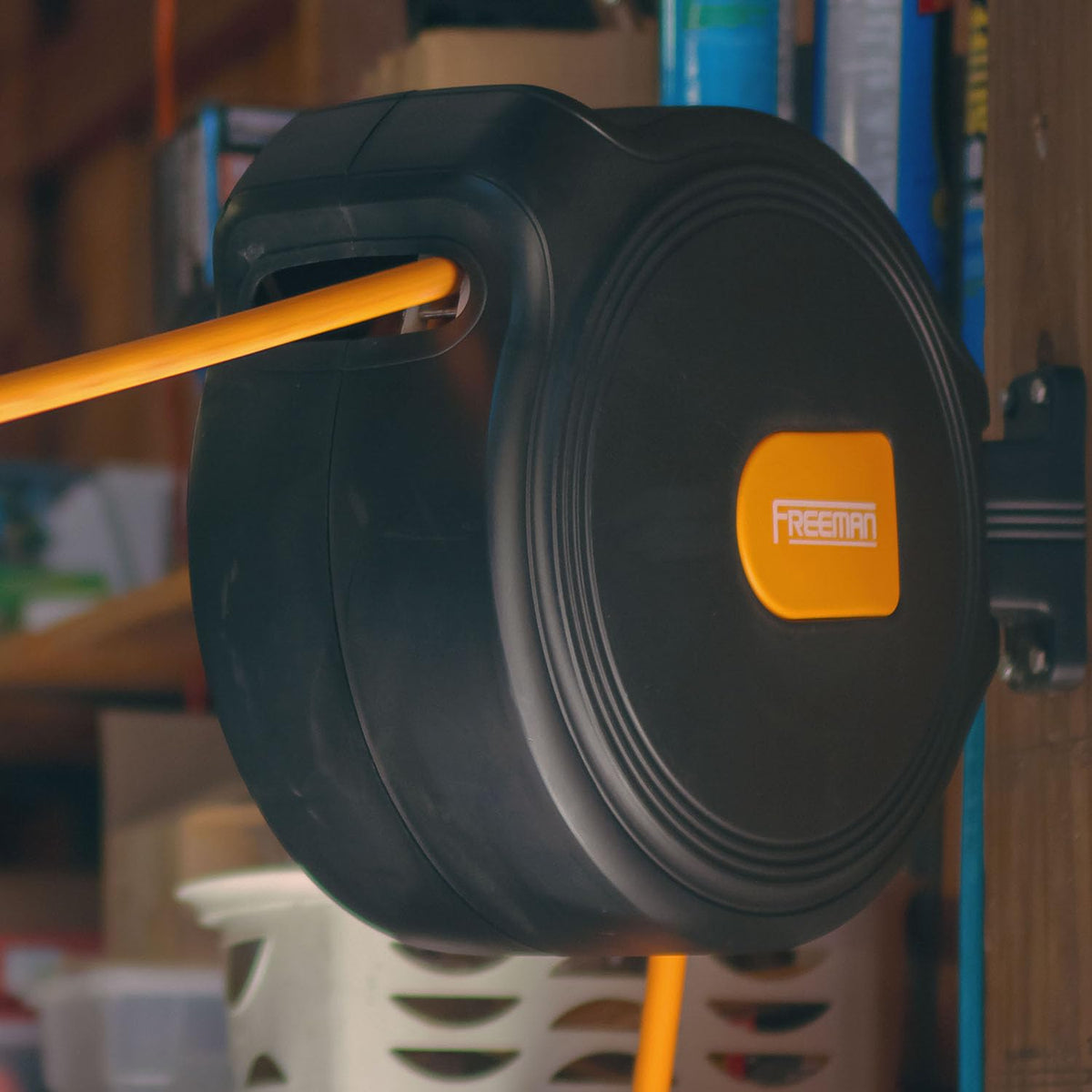 Freeman P1465CHR 1/4" x 65' Compact Retractable Air Hose Reel with Brass Fittings, Mounting Bracket, and Lead Hose