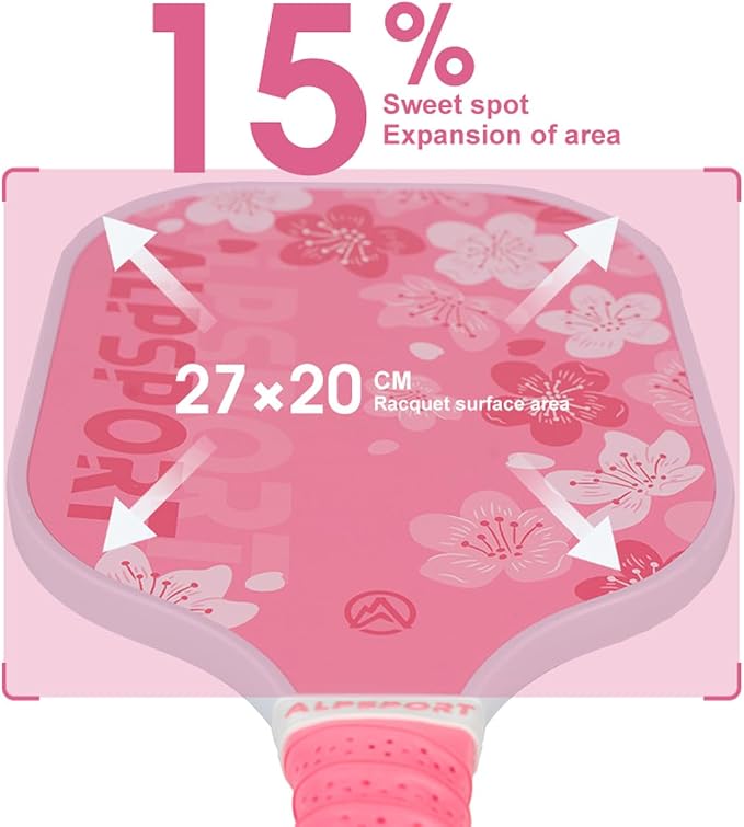 Sakura Pink Pickleball Paddles Set of 1/2, USAPA Approved Fiberglass Graphite Cherry Racquet with Tied Grips, 2 Indoor Outdoor Pickleball Balls, 1 Cover Bag Men Women