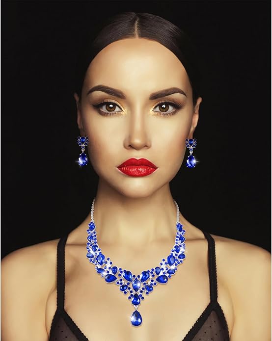 Hicarer Bridal Teardrop Cluster Crystal Jewelry Set for Women Necklace Earrings Wedding