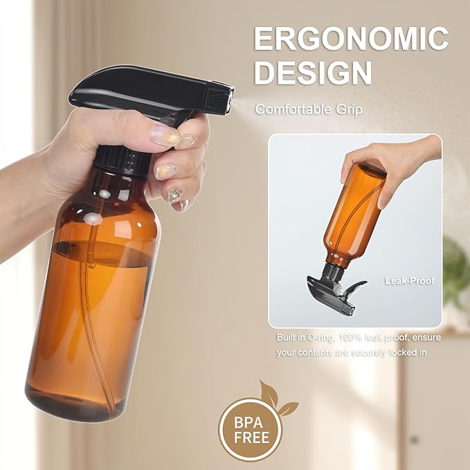 Spray Bottles 2-Pack, 10 Oz, Mist & Stream, Heavy Duty Spraying Empty Water Sprayer Bottle, BPA Free Plastic Refillable Containers for Cleaning Solutions, Plants, Hair, Essential Oils (Amber)