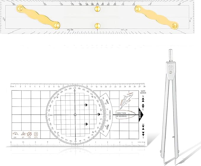 3 Pcs Basic Navigation Set,Including 15inch Parallel Ruler with Brass Arms, Nautical Protractor, and 6 Inch Marine Fixed Points Divider, Marine Accessories with Clear Scales for Boat