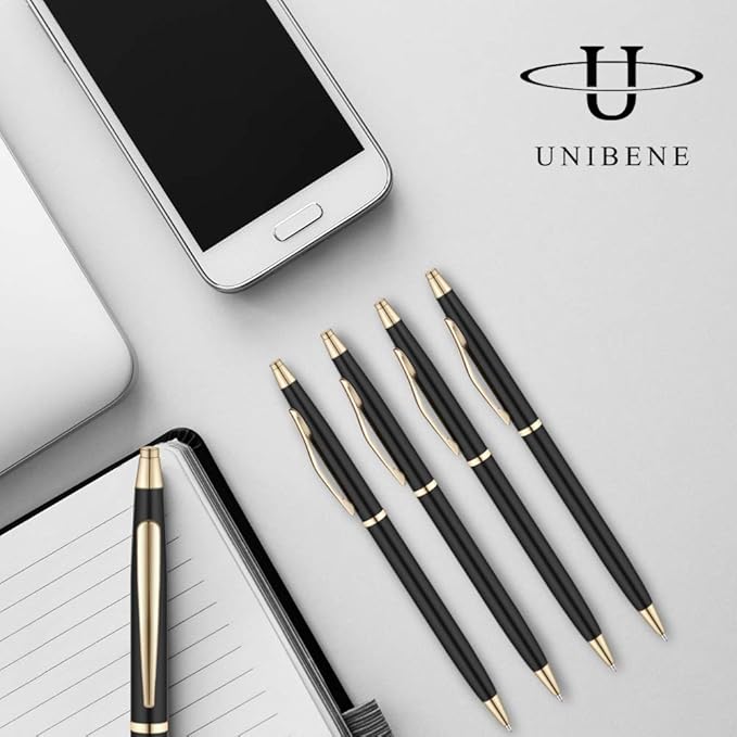 Unibene Slim Metallic Retractable Ballpoint Pens - Black & Gold, Nice Gift for Business Office Students Teachers Wedding Christmas, Medium Point(1 mm) 6 Pack-Black ink